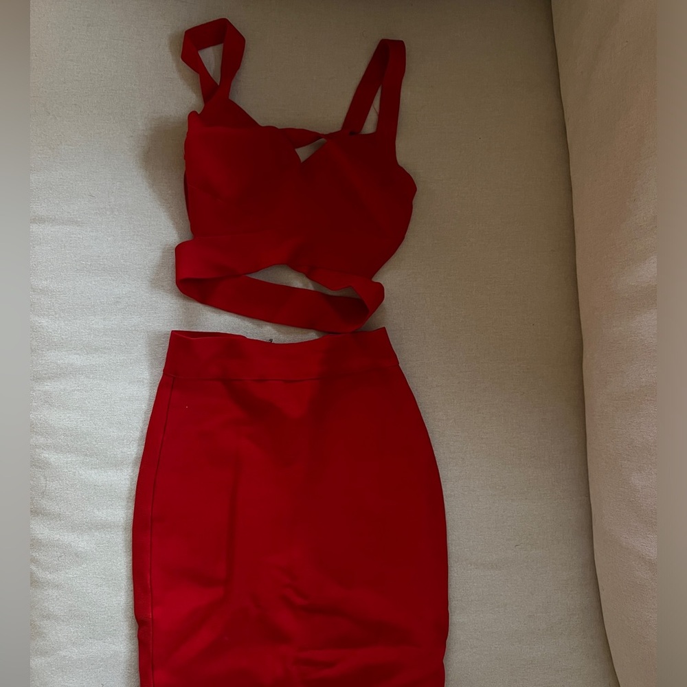 Red bodycon two-piece (top & skirt set) XS | like Herve Leger